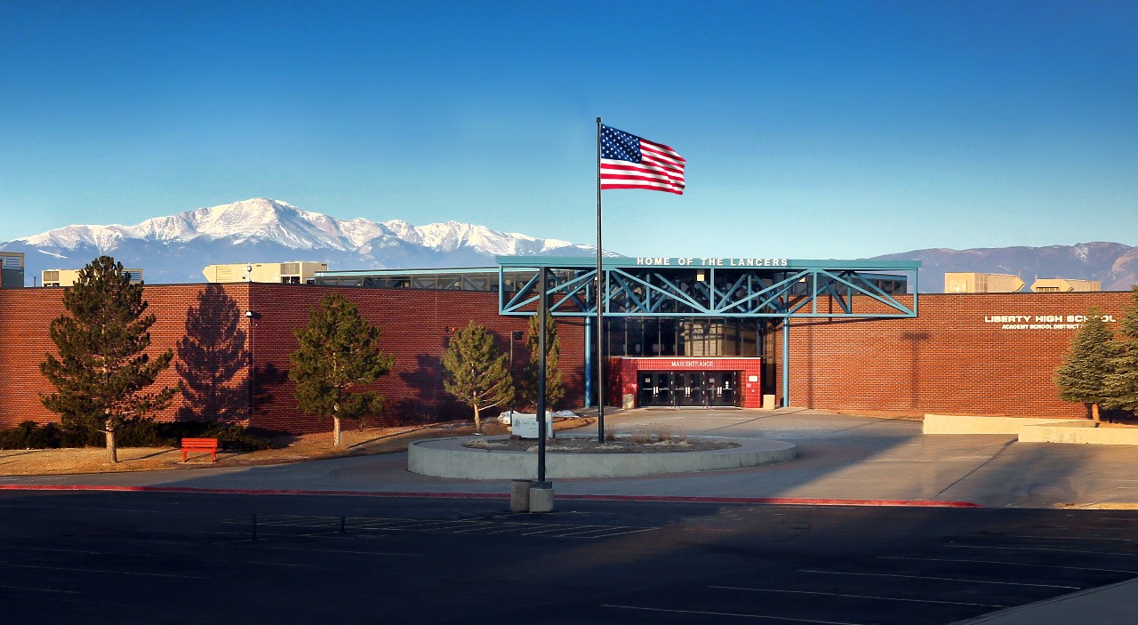 Liberty High School with Pikes Peak in the background.